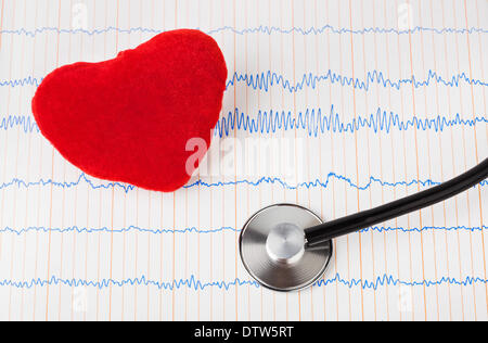 Herz und Stethoskop auf EKG Stockfoto