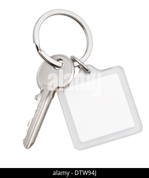 ein Hausschlüssel und quadratischen Schlüsselbund auf Ring isoliert auf weißem Hintergrund Stockfoto