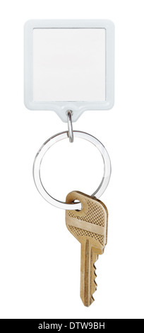 eine Tür Messing Schlüssel und quadratischen Schlüsselbund auf Ring isoliert auf weißem Hintergrund Stockfoto