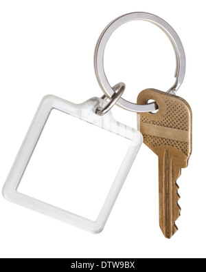 ein Hausschlüssel Messing und quadratischen Schlüsselbund auf Ring isoliert auf weißem Hintergrund Stockfoto