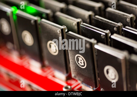 Bitcoin Mining USB-Geräte an einem großen USB-Hub. Stockfoto