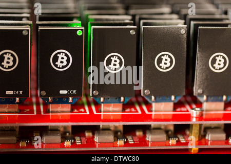 Bitcoin Mining USB-Geräte an einem großen USB-Hub. Stockfoto
