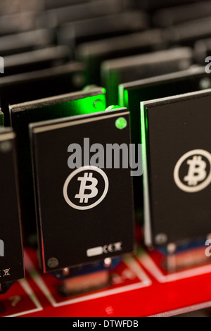 Bitcoin Mining USB-Geräte an einem großen USB-Hub. Stockfoto