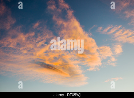 Jet Kondensstreifen und rosa Wolken gegen Sonnenuntergang Himmelblau in Colorado, USA Stockfoto