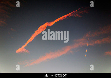 Jet Kondensstreifen und rosa Wolken gegen Sonnenuntergang Himmelblau in Colorado, USA Stockfoto