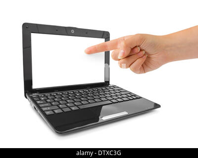 Notebook-Computer und zeigende hand Stockfoto