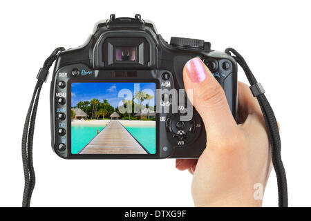 Kamera in der Hand und Strand Landschaft Stockfoto