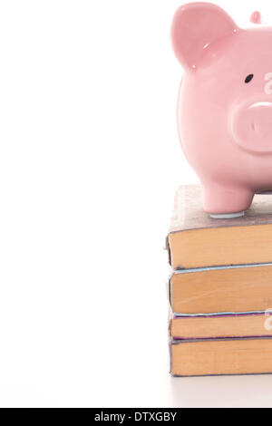 Piggy Bank stehend auf Stapel Bücher Stockfoto