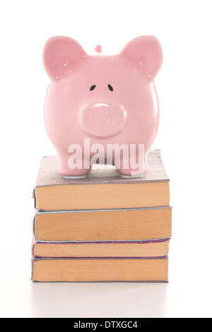 Rosa Sparschwein stehend auf Stapel Bücher Stockfoto