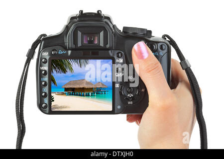 Kamera in der Hand und Strand Landschaft Stockfoto