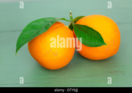 Zwei große Orangen mit Blättern auf einem grünen Holz Tisch Stockfoto