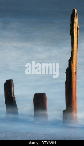 Das Meer wäscht auf den Resten eines längst vergangenen Steg entlang des Strandes von Winchelsea in East Sussex. UK Stockfoto