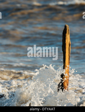 Das Meer wäscht auf den Resten eines längst vergangenen Steg entlang des Strandes von Winchelsea in East Sussex. UK Stockfoto