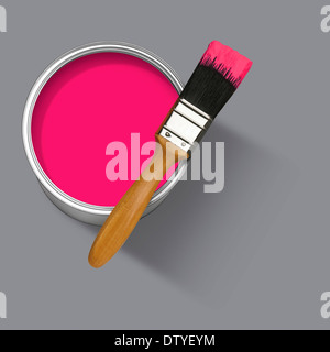 Farbtopf mit Pinsel sitzen am Rand des Topfes Stockfoto