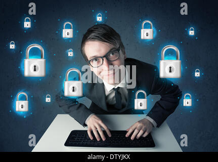 Junge Hacker mit virtuellen Schloss Symbole und Ikonen Stockfoto
