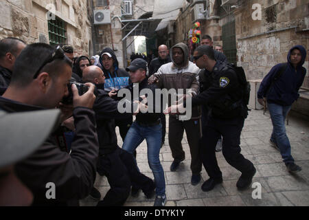 Jerusalem, Palästina. 25. Februar 2014. Palästinensische Männer Handgemenge mit der israelischen Polizei bei einer Gasse führt zu der al-Aqsa-Moschee am 25. Februar 2014 Verbindung in die Altstadt von Jerusalem. Israelische Polizei trat früh heute empfindlichere Al-Aqsa-Moschee zusammengesetzte Steinwürfe palästinensische Demonstranten zu zerstreuen, ein Sprecher der israelischen Polizei sagte Credit: Saeed Qaq/APA Images/ZUMAPRESS.com/Alamy Live News Stockfoto