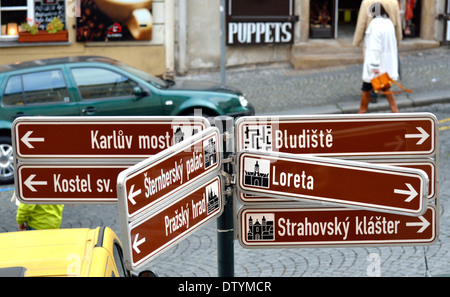 Prag, Tschechische Republik. Wegweiser in Nerudova (Straße) zeigt die wichtigsten Sehenswürdigkeiten Stockfoto