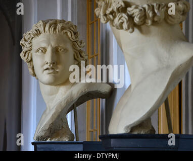 Rudolstadt, Deutschland. 25. Februar 2014. Gipsabgüsse der Leiter der Dioskouri der Piazza del Quirinale in Rom sind auf dem Display im Eingangsbereich des Schlosses Heidecksburg in Rudolstadt, Deutschland, 25. Februar 2014. Die Museums-Highlights für das Jahr 2014 wurden auf der Jahrespressekonferenz des Thüringer State Museum Heidecksburg vorgestellt. Foto: MARTIN SCHUTT/DPA/Alamy Live-Nachrichten Stockfoto