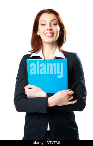 Porträt von glücklich Geschäftsfrau hält Notizbuch mit Stift isoliert auf weißem Hintergrund Stockfoto