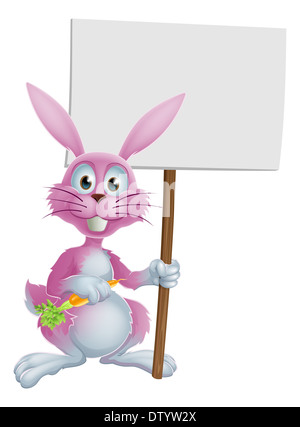 Hase rosa Cartoon hält eine Karotte und Plakatwand und Zeichen Stockfoto