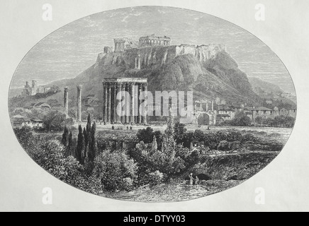 Griechenland. Athen. Tempel des Jupiter und Akropolis Athen. Holzstich von Edward Whymper, 1879. Stockfoto