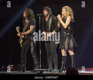 Rockford, Illinois, USA. 20. Februar 2014. REID PERRY (L), NEIL PERRY und KIMBERLY PERRY (R) von The Band Perry durchführen live im BMO Harris Bank Center in Rockford, Illinois © Daniel DeSlover/ZUMAPRESS.com/Alamy Live-Nachrichten Stockfoto