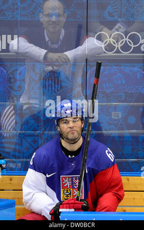 Sotschi, Russland. 19. Februar 2014. Jaromír Jágr nach dem Spiel. Eishockey, Viertelfinale Tschechien Vs USA während der Winterspiele 2014 in Sotschi, Russland, 19. Februar 2014. © Roman Vondrous/CTK Foto/Alamy Live-Nachrichten Stockfoto