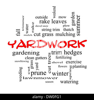 Yardwork Word Cloud-Konzept im roten Kappen mit großen Begriffe wie Mähen, mähen, Pflaume und vieles mehr. Stockfoto