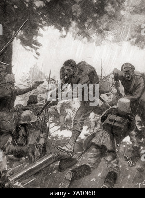 Irish Guards, 3. Coldstream und 2. Grenadier Guards, die Erfassung von feindlichen Maschinengewehre während der ersten Schlacht an der Aisne, 1914. Stockfoto