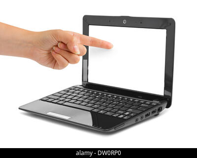 Notebook-Computer und zeigende hand Stockfoto