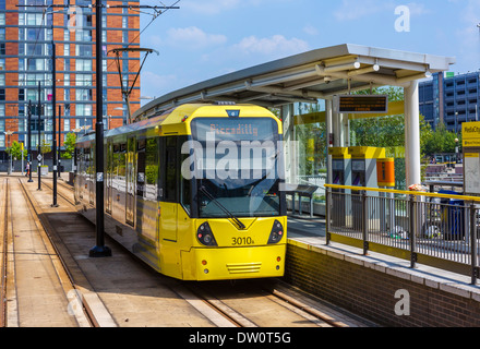 Metrolink Stadtbahn Zug an der MediacityUK Station, Salford Quays, Manchester, England, UK Stockfoto