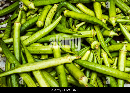 Okra (Abelmoschus Esculentus) zum Verkauf an einem öffentlichen Markt bekannt als Feira eroberten. Ilheus, Bahia, Brasilien. Stockfoto