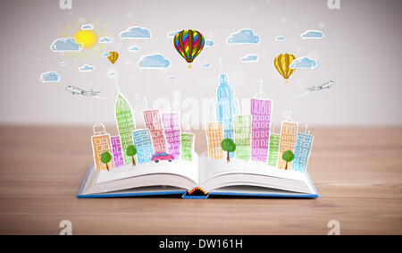 Stadtbild auf offenes Buch Stockfoto