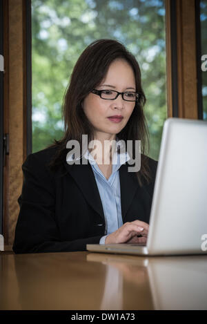 Frau mit Laptop am Schreibtisch Stockfoto