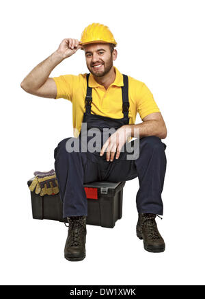 Handwerker-Sit in seiner toolbox Stockfoto