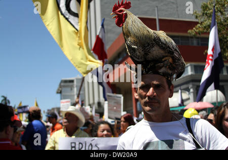 San Jose, Costa Rica. 25. Februar 2014. Ein Mann nimmt Teil an einer Protestkundgebung gegen die geringe Lohnerhöhung verordnet durch die Regierung außerhalb des Treasury-Ministeriums, in San Jose, der Hauptstadt von Costa Rica, am 25. Februar 2014. Studenten und Arbeiter protestierten am Dienstag in der Costa-Ricanischen Hauptstadt gegen die geringe Lohnerhöhung von 0,43 Prozent, von der Regierung beschlossen. Bildnachweis: Kent Gilbert/Xinhua/Alamy Live-Nachrichten Stockfoto