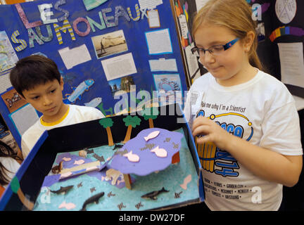 Vancouver, Kanada. 25. Februar 2014. Studenten präsentieren ein Modell marine Systems während der 11. Wissenschaft Jam in Richmond, Kanada, 25. Februar 2014. Ca. 1.100 Schüler aus 14 Grundschulen nahmen an der 11. jährliche Wissenschaft Jam. Diese größte nicht-kompetitiver Messe in Britisch-Kolumbien boten Möglichkeiten der jungen Wissenschaftlerinnen und Wissenschaftlern zu zeigen und teilen ihre Erkenntnisse der Wissenschaft und Experimente. © Liang Sen/Xinhua/Alamy Live-Nachrichten Stockfoto