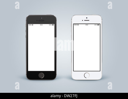 Direkt Vorderansicht der schwarzen und weißen Smartphones mit leeren Screenon grauen Hintergrund mit Farbverläufen. Hohe Qualität. Stockfoto