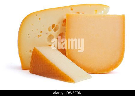 Nahaufnahme von einigen Stücken Käse wie Gouda oder Käsemarke Stockfoto