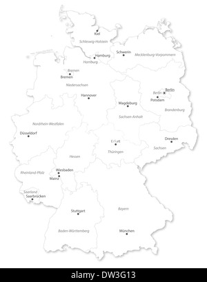 Karte der Bundesländer mit zitiert auf weißem Hintergrund. Eine kleine Kontur Deutschlandkarte projiziert in WGS 84 Welt Merca Stockfoto