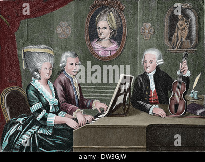 Wolfgang Amadeus Mozart (1756-1791). Komponisten der Klassik. Mozart und seine Familie. Farbige Gravur.