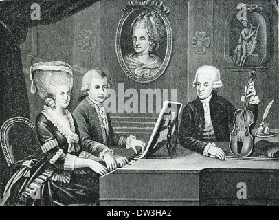 Wolfgang Amadeus Mozart (1756-1791). Komponisten der Klassik. Mozart und seine Familie. Gravur.