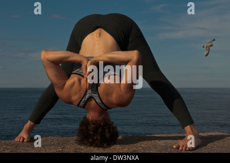 Iyengar Yoga-Lehrer zeigt Prasarita Padottanasana (stehend). Stockfoto