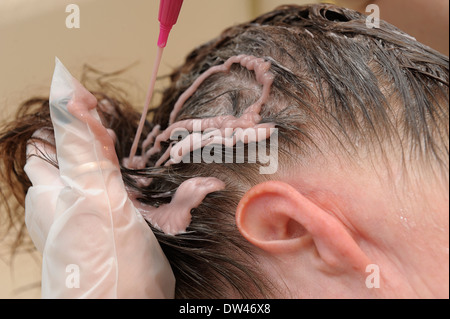 Frau, die Anwendung von Haarfärbemitteln Schutzhandschuhe tragen Stockfoto