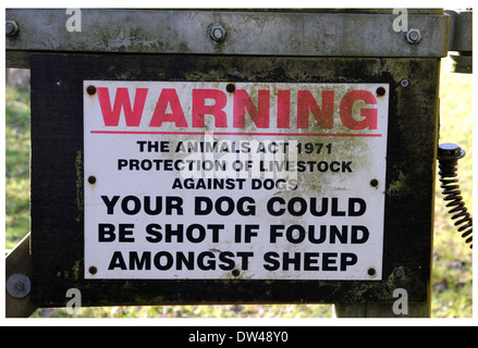 Eine deutliche Warnung an unverantwortliche Hundebesitzer auf einen Hof führt zu einem Feld verwendet, um die Schafe grasen. Stockfoto