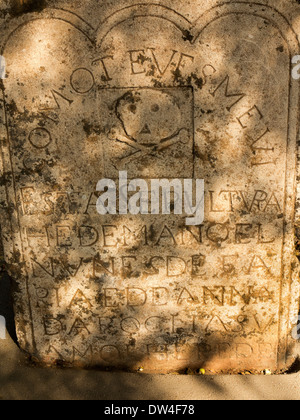 Indien, Goa, alte Velha Goa, Archäologisches Museum, Kolonialzeit Grabstein mit Totenkopf Motiv Stockfoto