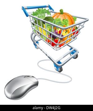 Online-Einkaufen-Konzept, der eine Maus angeschlossen, ein Warenkorb-Einkaufswagen voller Gesundheit Gemüse Stockfoto