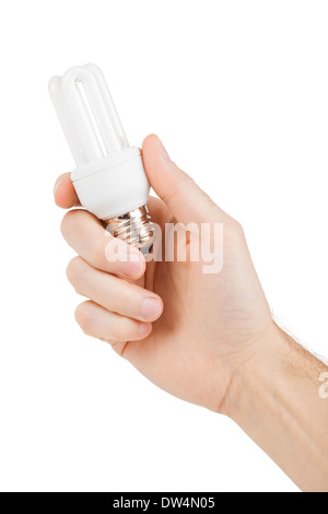 Hand, die energiesparende Leuchtstofflampe Stockfoto