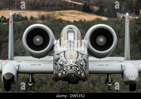 US Air Force a-10 Thunderbolt II Flugzeug während einer Trainingsmission über Razorback Bereich im Fort Chaffee Manöver Training Center 30. Dezember 2013 in Fort Smith, Arkansas. Stockfoto