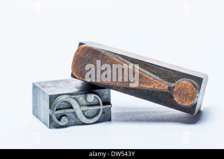 aus Holz und Metall Movable Type von uns Dollarzeichen und Ausrufezeichen Stockfoto